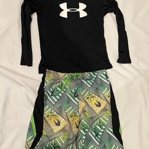 Under Armour Black Long Sleeve Rashguard and Nike Green Yellow Swim Trunks Boys